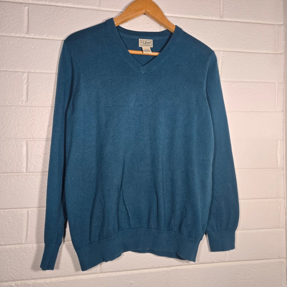 Vtg L.L. Bean Cotton Cashmere Sweater Large Teal Blue Heritage Preppy Classic